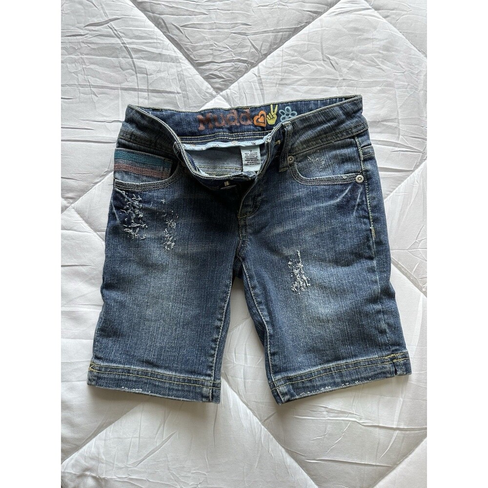 Mudd Girls Bermuda Denim Shorts Blue Size 7 Peace Embroidery Pockets